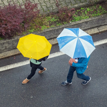 Couple walking with umbrellas